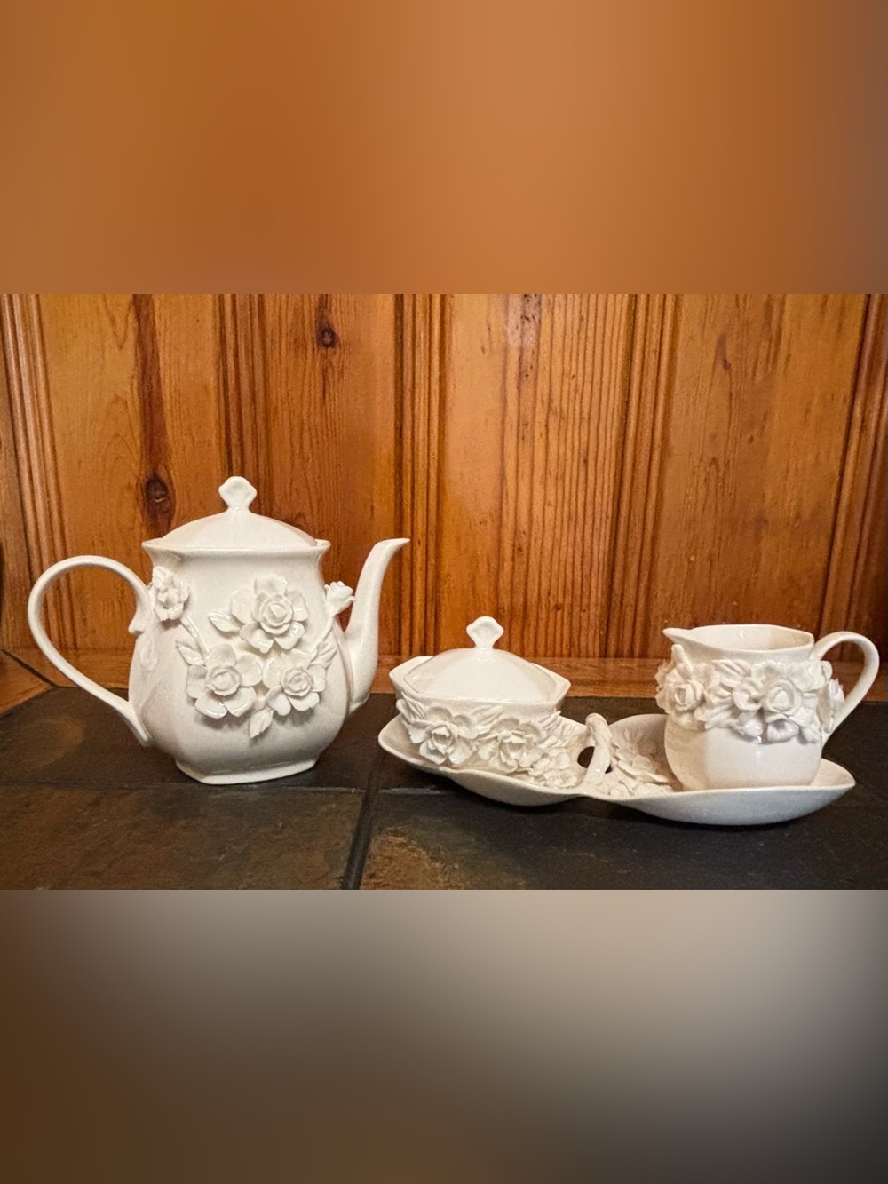 Vintage I. Godinger & Co Rosemary 4-Pc Tea Set Teapot Sugar Creamer Tray MINT